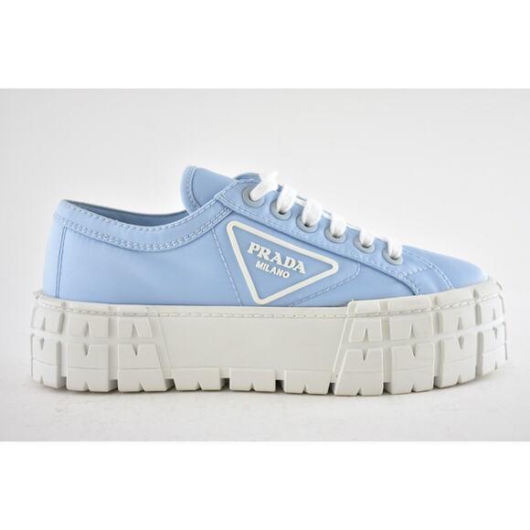 Prada Cielo Blue Nylon White Platform Lug Sole Flat Low Top Trainer Sneaker 37.5 - Picture 3 of 12